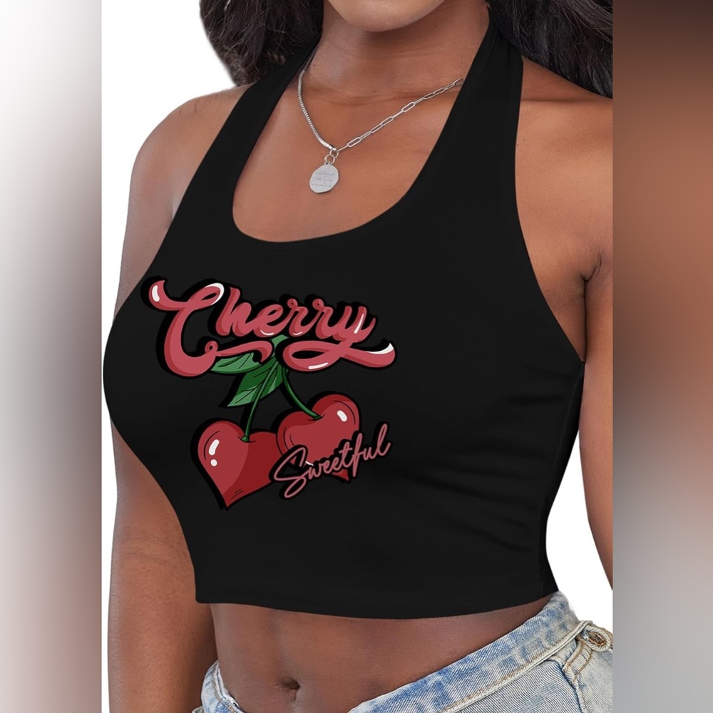 Cherry Halter‎ Crop Top Small Black Y2K Backless Graphic Tank New